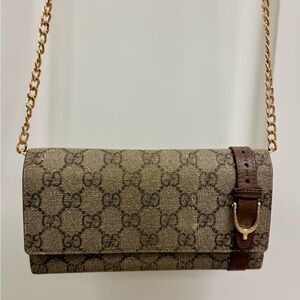 GUCCI Rare GG Supreme Brown Canvas Leather Monogram Wallet W/ Added Gold Chain
